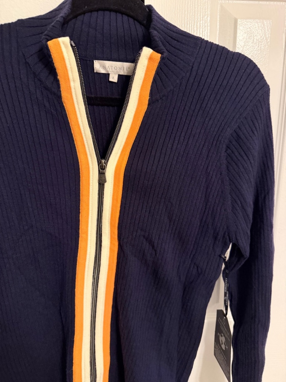 NEW ANATOMIE Charlize Sweater Top Navy with tangerine stripe Large - Picture 3 of 3